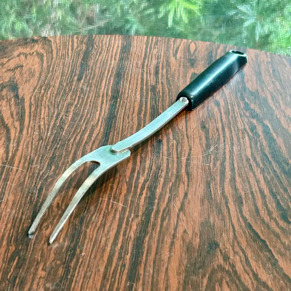 Vintage EKCO Carving Fork – White & Black Handle with Blue Folk Art Design